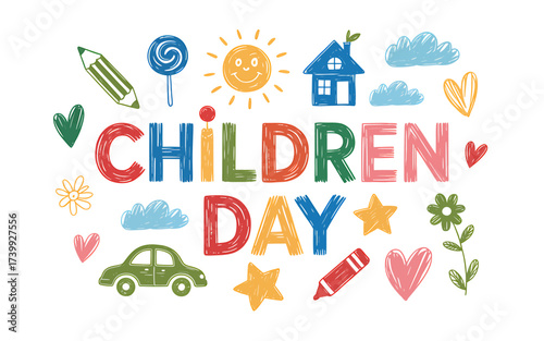 Colorful Hand Drawn Childrens Day Illustration with Cute Icons and Playful Typography for Festive Celebration