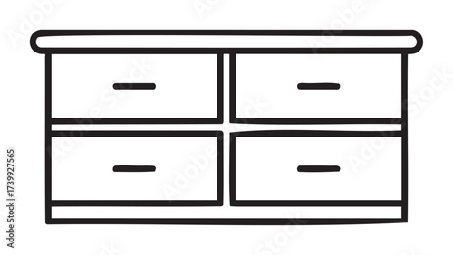 Black outline vector icon of a simple four-drawer dresser with rectangular handles, illustrating minimalist furniture design for interior use.