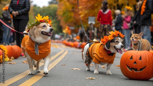 Adorable costumed pets including dogs and cats in a festive autumn parade on the street