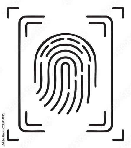 Black outline vector icon of a fingerprint enclosed in a rectangular frame. minimal linear design representing identity and security concepts.