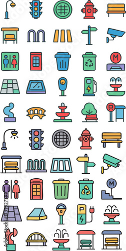 Cityscape Elements and Urban Amenities Icons.