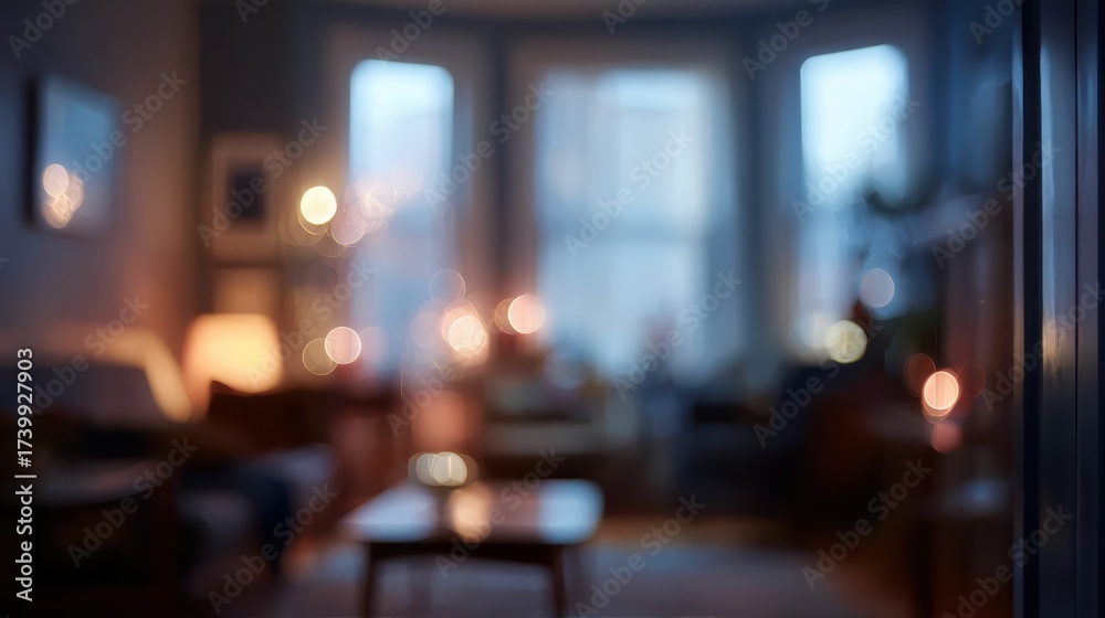 custom made wallpaper toronto digitalHome living room at dusk with soft, diffused bokeh lights and warm tones, creating a cozy, inviting, tranquil interior atmosphere focused on comfort and modern decor