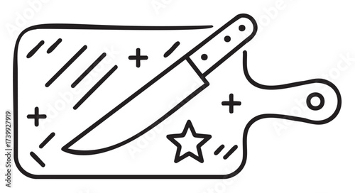 Black outline icon of a large kitchen knife resting on a cutting board with decorative stars and lines.