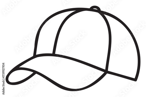 Black outline icon of a classic baseball cap in a simple, minimalistic design with a curved brim and a button on top.