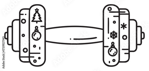 Black outline icon of a dumbbell with holiday decorations, including a christmas tree, snowflake, and ornaments, symbolizing festive season fitness.