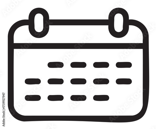 Black outline icon of a simple hanging calendar with two rings and grid pattern for dates. perfect for time management and planning concepts.