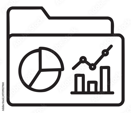 Black outline icon of a file folder containing a pie chart and bar graph, symbolizing data analysis and organized information.