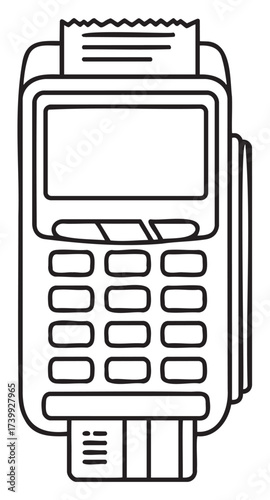 Black outline drawing of a credit card machine with keypad and receipt slot, suitable for payment and transaction themes.