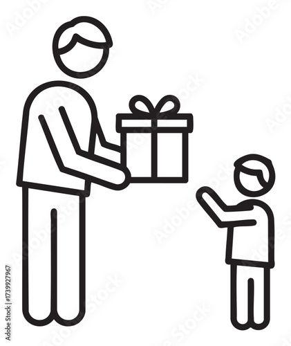 Black outline icon of an adult giving a gift box to a child with an outstretched arm in a simple linear style.