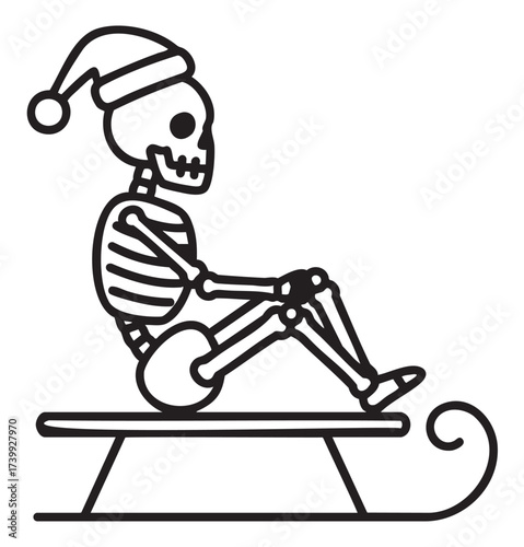 Black outline of a skeleton in a playful pose wearing a santa hat while sitting on a sled, evoking a whimsical holiday theme.