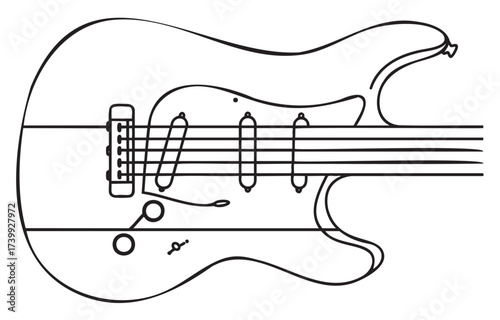 Black outline icon of an electric guitar body with strings and pickups, illustrating musical instrument design.