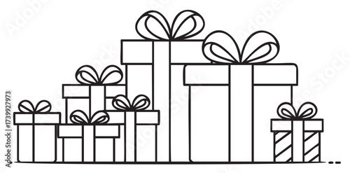 Black outline drawing of various sized gift boxes with decorative ribbons and bows, stacked in a pyramid arrangement, conveying celebration and surprise.