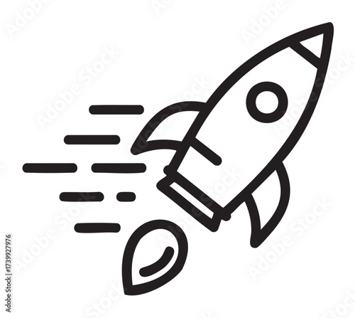 Black outline icon of a simple rocket launching with speed lines, symbolizing innovation and progress.