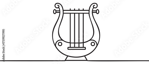 Black outline vector icon of a classic lyre with detailed scrollwork, highlighting its strings and elegant design for music and history concepts.