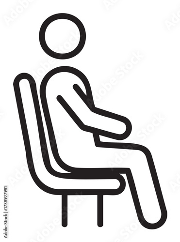 Simple black outline icon of a person sitting on a chair, illustrating a basic seating position.