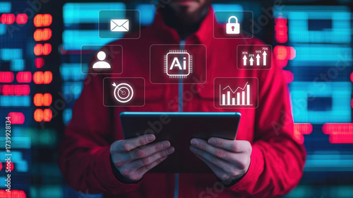 Futuristic business analytics digital dashboard data security artificial intelligence tablet professional red jacket technology data center cybersecurity finance analytics growth chart lock email