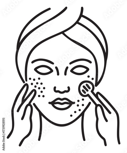 Black and line drawing of a female face wearing a head wrap, with a facial mask and exfoliating brush, focusing on skincare.