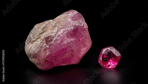 Raw, unpolished pink gemstone next to a faceted version on a black backdrop