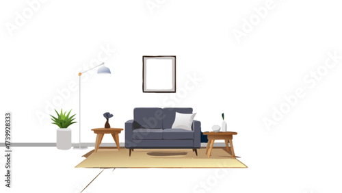 Illustration of a living room with a couch, tables, plant, lamp, and a picture frame on the wall