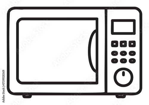 Black outline illustration of a microwave with a front-facing digital control panel and rotary dial, ideal for kitchen appliance concepts.