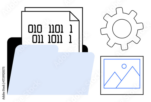 Folder containing binary files, settings gear, and image thumbnail. Ideal for data storage, coding, image handling, configuration, software development, digital management and cloud computing