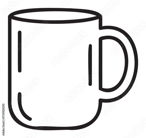 Black outline vector image of a simple coffee mug with a handle on the right side, suitable for concepts of beverages, kitchenware, and simplicity.