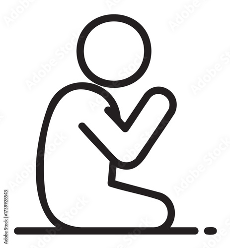 Simple black outline icon of a person kneeling in prayer with hands clasped in front, symbolizing devotion and spirituality.