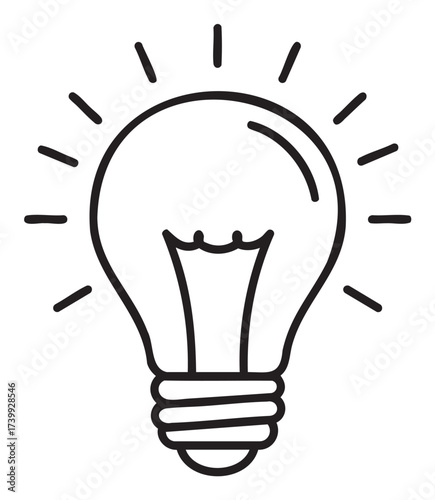 Black outline icon of a classic incandescent light bulb with glowing rays, representing ideas and illumination concepts.