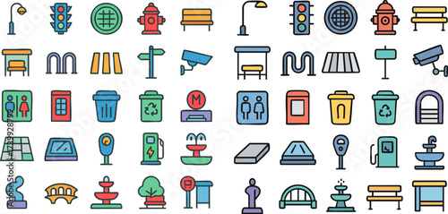 Collection of Colorful Urban Infrastructure and City Life Icons.