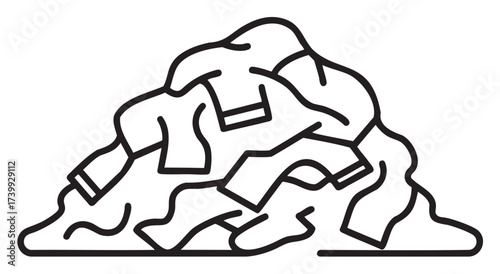 Black outline icon of a pile of scattered laundry with various clothing items in a simple chaotic arrangement.