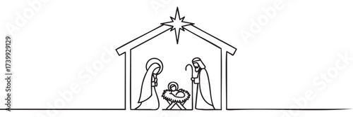 Simple black outline of a nativity scene featuring mary, joseph, and baby jesus under a stable with a star above.