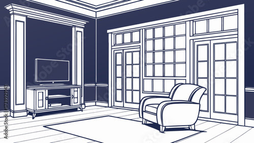 Illustration of an interior living room with a tv stand armchair doors and windows in a minimalist style