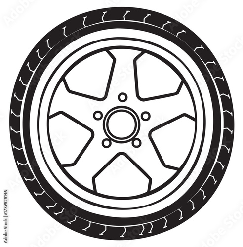Black and outline of a car wheel with a five-spoke rim and detailed tread pattern on the tire.