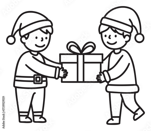 Two young caucasian boys in festive hats exchanging a gift box with a bow, depicted in a cute black outline style.