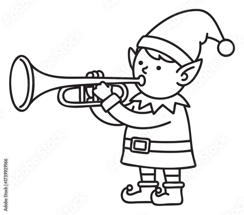Black outline drawing of a festive elf playing a trumpet, wearing a pointed hat and curled-toe shoes, embodying holiday spirit.