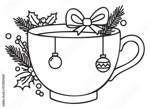 Black outline drawing of a festive cup adorned with a ribbon, surrounded by holly and pine branches with hanging ornaments.
