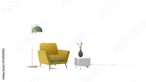 Interior scene featuring a yellow armchair a floor lamp and a side table with a vase and some plants