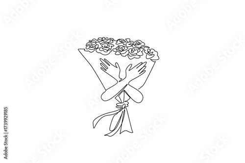 Single one line drawing a pair of hands hugging a bouquet of roses. Hugging flowers tightly. Beautiful flowers make feelings more beautiful. Rose Festival. Continuous line design graphic illustration