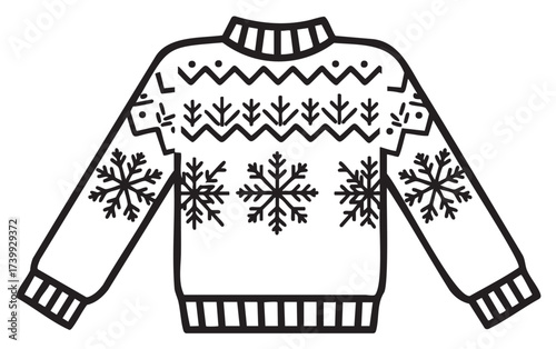Black outline drawing of a winter sweater featuring snowflake and geometric patterns for seasonal and holiday themes.