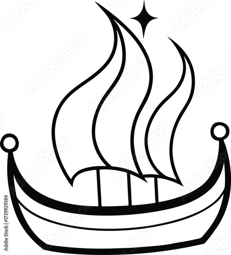 ship glowing with aurora sails coloring vector illustration on transparent background