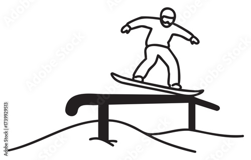 Black outline sketch of a snowboarder performing a trick on a rail, depicting movement and balance in winter sports.