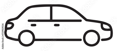 Black outline icon of a simple sedan car, featuring a minimalistic side view design with distinct windows and wheels.