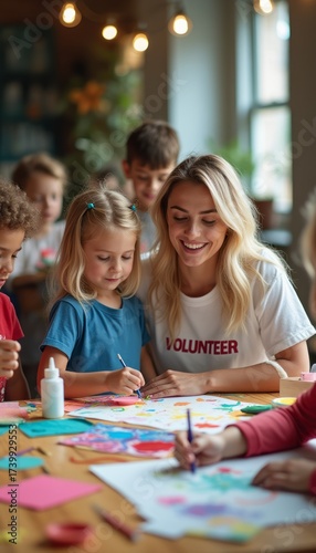 Joyful children creating art with a smiling volunteer