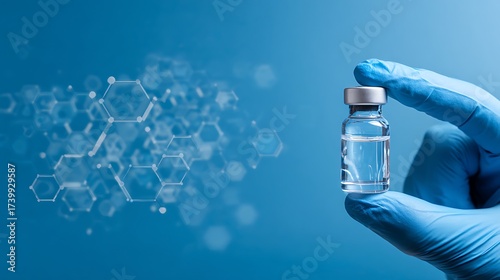 Nice photo of hand in glove holding vaccine vial with chemical structure background.