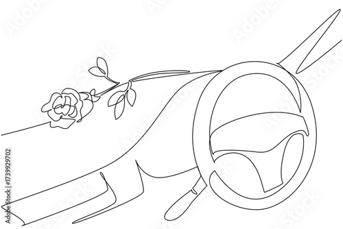 Single continuous line drawing a rose placed on the car dashboard. A beautiful rose has been prepared to be a surprise. Romanticization of feelings. Rose Festival. One line design vector illustration