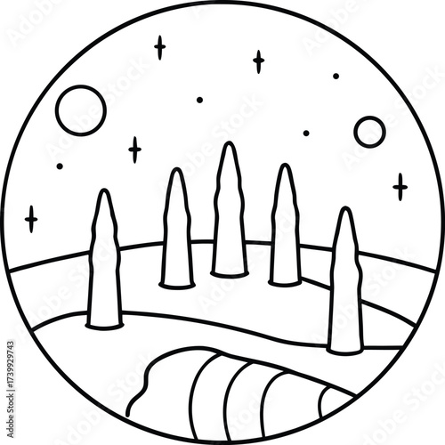 stone circle under northern lights coloring vector illustration on transparent background