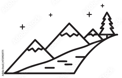 Minimal black outline icon of a mountain landscape with snowy peaks, a tree, and small stars in the sky.