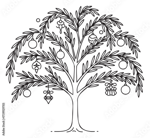 Black outline of a decorative christmas tree with hanging ornaments and intricately detailed branches.