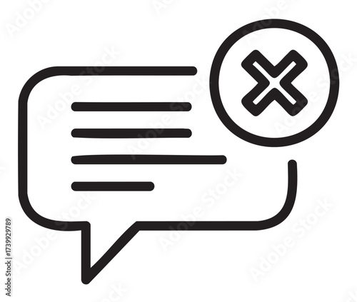 Black outline icon of a speech bubble with horizontal lines and a circle containing an x symbol indicating cancellation.