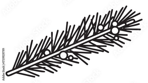 Black outline vector of a pine tree branch with needles and small round ornaments, illustrating a simple and minimalist holiday decoration concept.